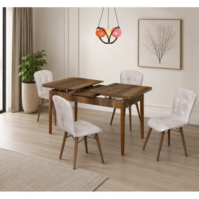 Set masa extensibila cu 4 scaune, nuc/bej