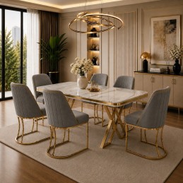 Set masa calcutta alb marmorat  si 6 scaune gri