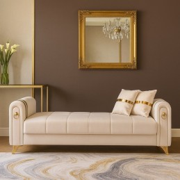 Canapea extensibila cu lada de depozitare 220x87x93 cm, bej si detalii aurii – Camara