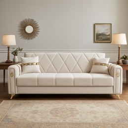 Canapea extensibila cu lada de depozitare 220x87x93 cm, bej si detalii aurii – Camara