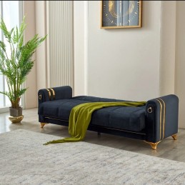 Canapea extensibila cu lada de depozitare 220x87x93 cm, gri cu detalii aurii –Camara