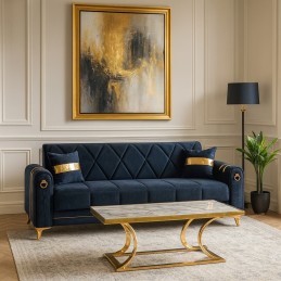 Canapea extensibila cu lada de depozitare 220x87x93 cm, gri cu detalii aurii –Camara