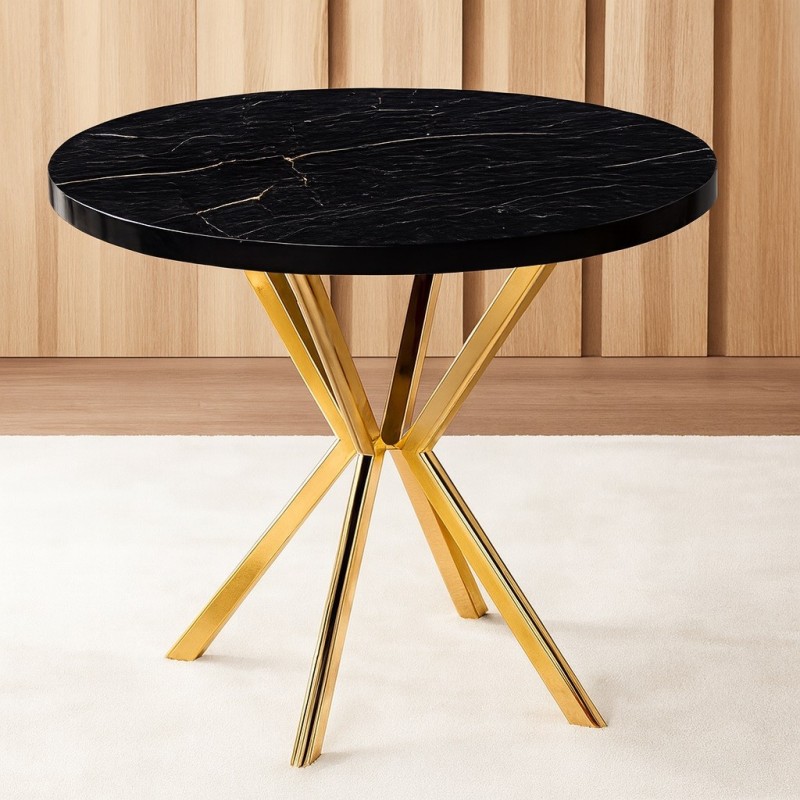 Masa de bucatarie rotunda din MDF, marmorat negru, texturata, 80x80x75 cm