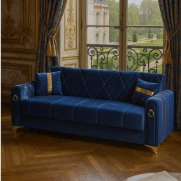 Canapea extensibila cu lada de depozitare 220x87x93 cm, albastra cu detalii aurii –Camara