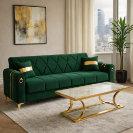 Canapea extensibila cu lada de depozitare 220x87x93 cm , detalii aurii,verde – Camara