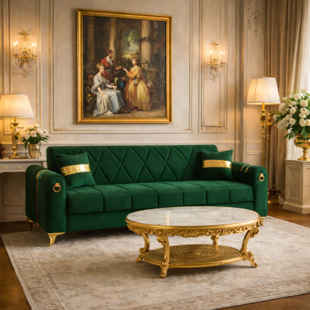 Canapea extensibila cu lada de depozitare 220x87x93 cm , detalii aurii,verde – Camara