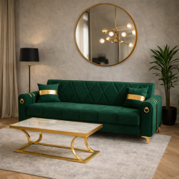 Canapea extensibila cu lada de depozitare 220x87x93 cm , detalii aurii,verde – Camara