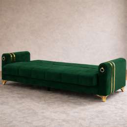 Canapea extensibila cu lada de depozitare 220x87x93 cm , detalii aurii,verde – Camara